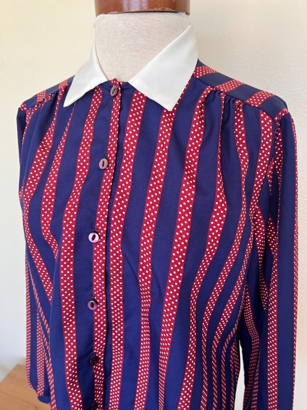 70's Chic Navy & Red Polka Dot Stripe Blouse -Shirley of Atlanta - Size M/L